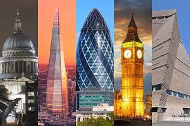 Five iconic London landmarks: St. Paul's Cathedral with its classical dome, the Shard with its modern triangular design, the Gherkin building with its distinctive diamond pattern, Big Ben clock tower illuminated at night, and a contemporary glass structure. The image captures London's architectural evolution from historic to modern, showcasing the city's diverse skyline against various sky conditions from sunset to evening.